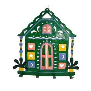 Vintage Hand Painted Metal House Wall Hook Rack Folk Art Cottage Core Green 17in